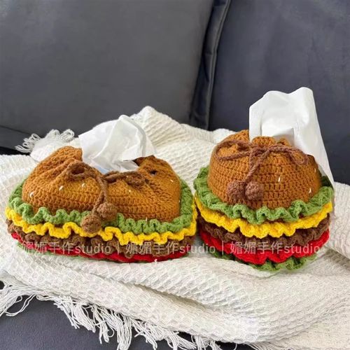 Diy毛线编织可爱汉堡纸巾套桌面收纳好物钩针钩织材料包送礼