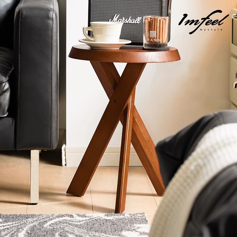 我感实木沙发边几复古小户型茶几创意床头小圆桌子简约中古矮凳子