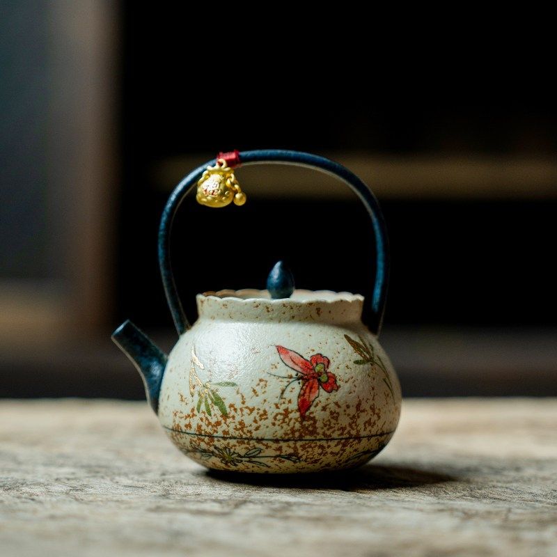 叙由堂青花火石红陶瓷茶壶手绘描金蝴蝶兰花泡茶壶铃铛女士提梁壶,餐饮具,茶壶,淘宝优惠券,粉丝福利购,淘宝优惠卷