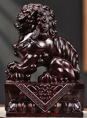 黑檀木雕狮子摆件实木制宫门狮纯木一对公母狮子工艺品桌面小摆件