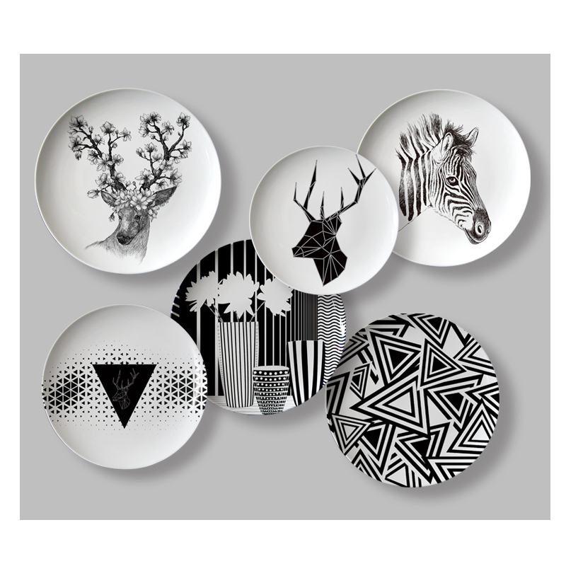 黑白色系挂盘装饰盘子陶瓷餐厅墙上面壁饰客厅工艺摆件瓷盘定制