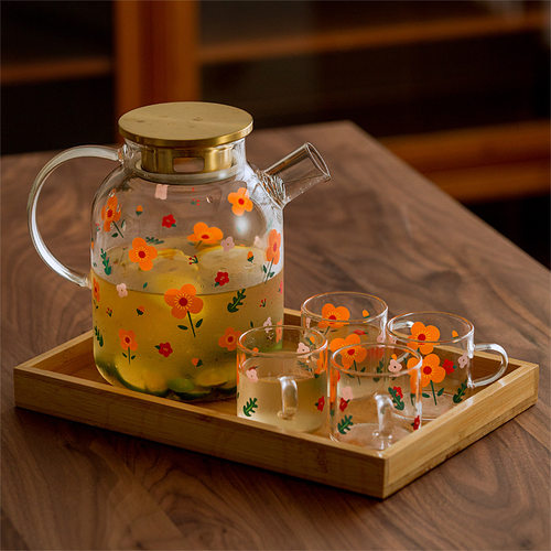 文艺玻璃冷水壶凉水壶套装果汁花茶水果茶壶泡茶器大容量茶杯托盘