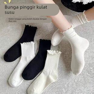 木耳边袜子女中筒春秋英伦风小皮鞋搭堆堆袜玛丽珍配乐福鞋白色袜