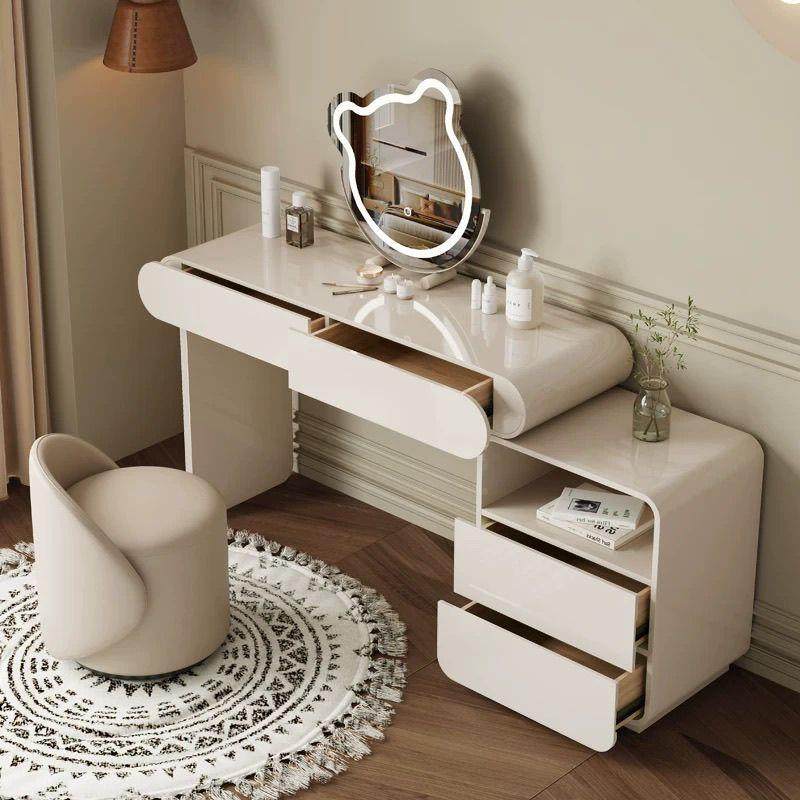 油化妆864台梳妆台床头柜一体纳卧室简约现代小户型大收网奶红圆