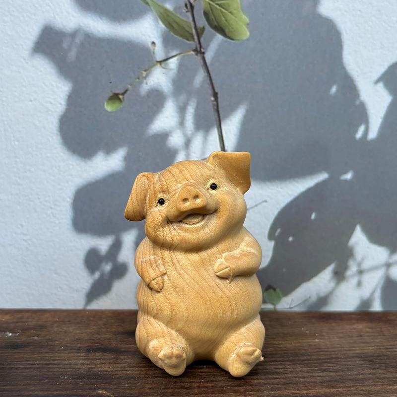 小叶黄杨木雕欢天喜地可爱猪喜猪四只小动物手把汽车装饰摆件IFP