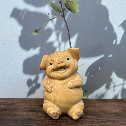 小叶黄杨木雕欢天喜地可爱猪喜猪四只小动物手把汽车装饰摆件IFP