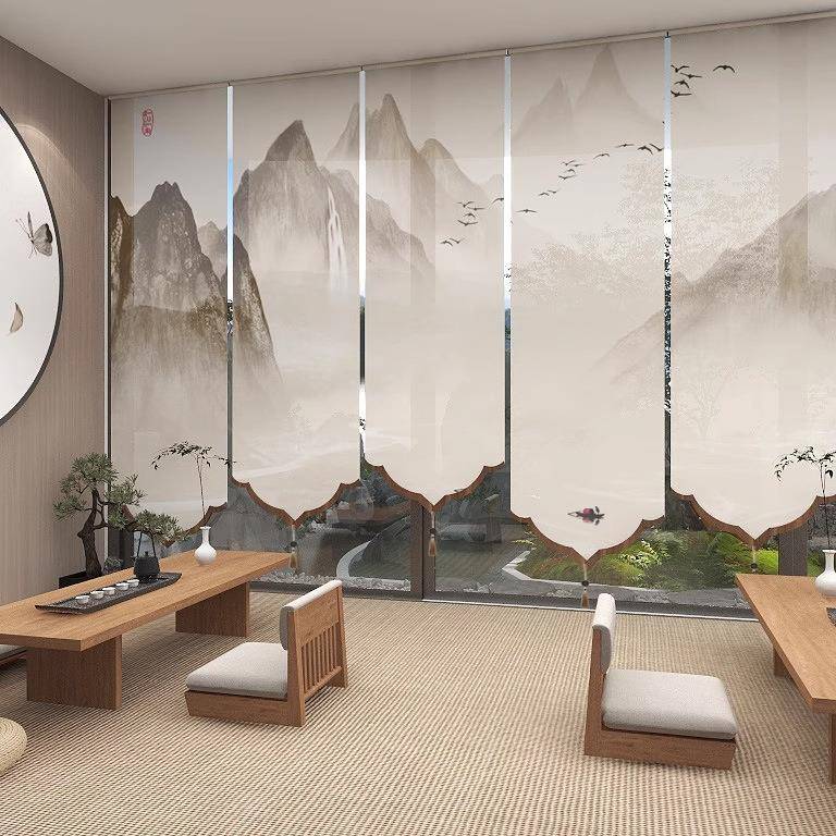 新帘中帘式透明山水卷帘窗屏风遮玄关隔断挂式升2223降光帘子实木