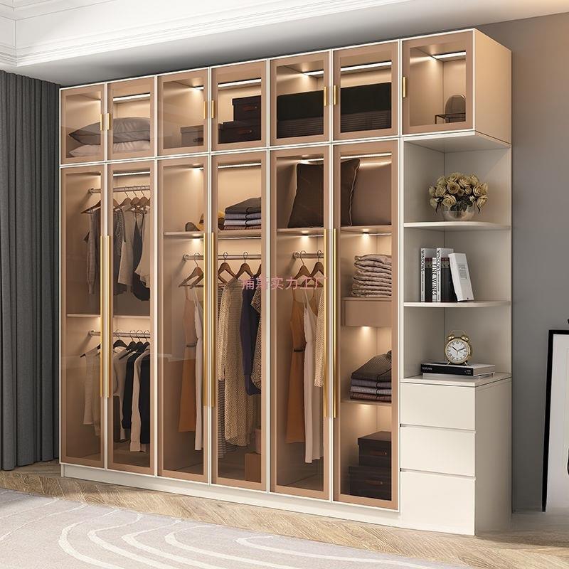 衣柜室透明红玻带璃门现代简约KRS轻奢梳妆台网开放式卧衣帽间大