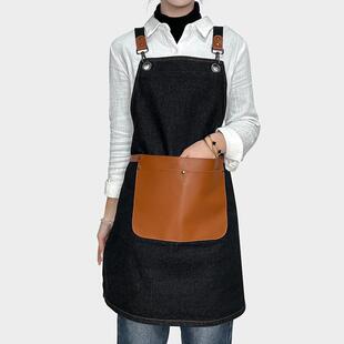 时尚牛L仔帆布背工带订OGO围裙男理发纹0252身师女美围甲作服裙