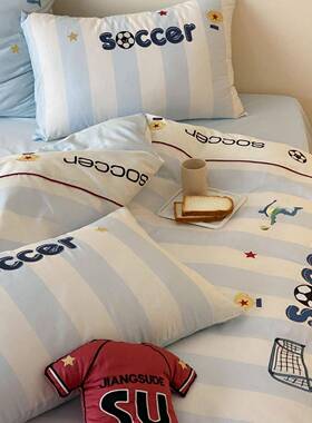 青年足LDD球贴少布绣澳棉四件长绒棉套通蓝色床单被套纯棉男孩卧