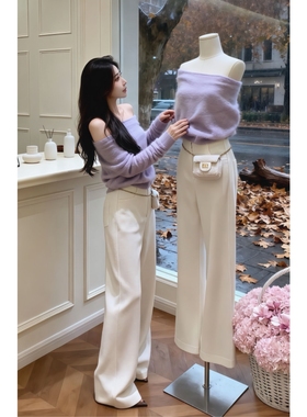 紫色简约毛衣女慵懒风一字肩软糯针织露肩上衣宽松裤子两件套装女