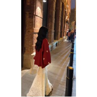 套装女2026新款冬装显白红色蝴蝶结针织毛衣开衫显瘦垂感半身裙