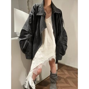 套装2026新款冬装慵懒风宽松牛仔夹克外套蕾丝不规则吊带连衣裙