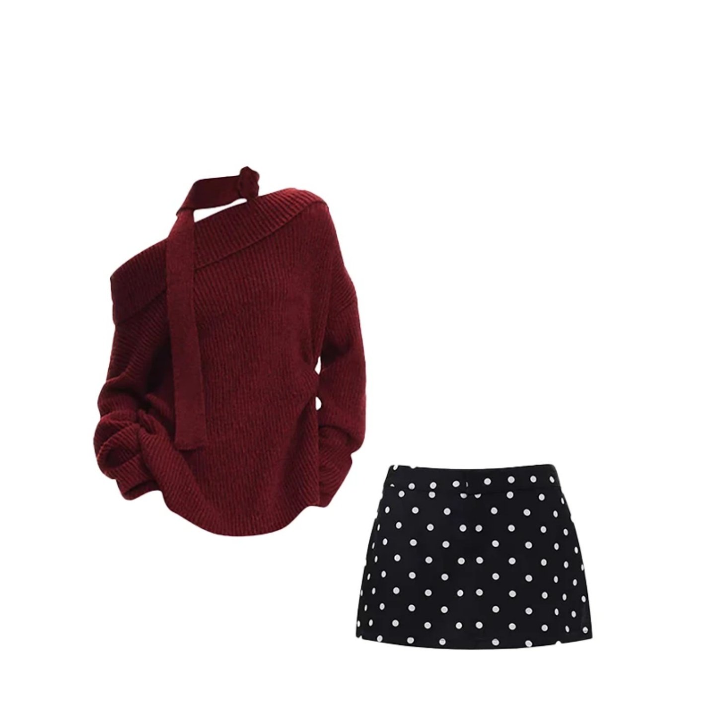 套装女2025新款冬装显白高级感红色软糯一字肩毛衣显瘦波点半身裙