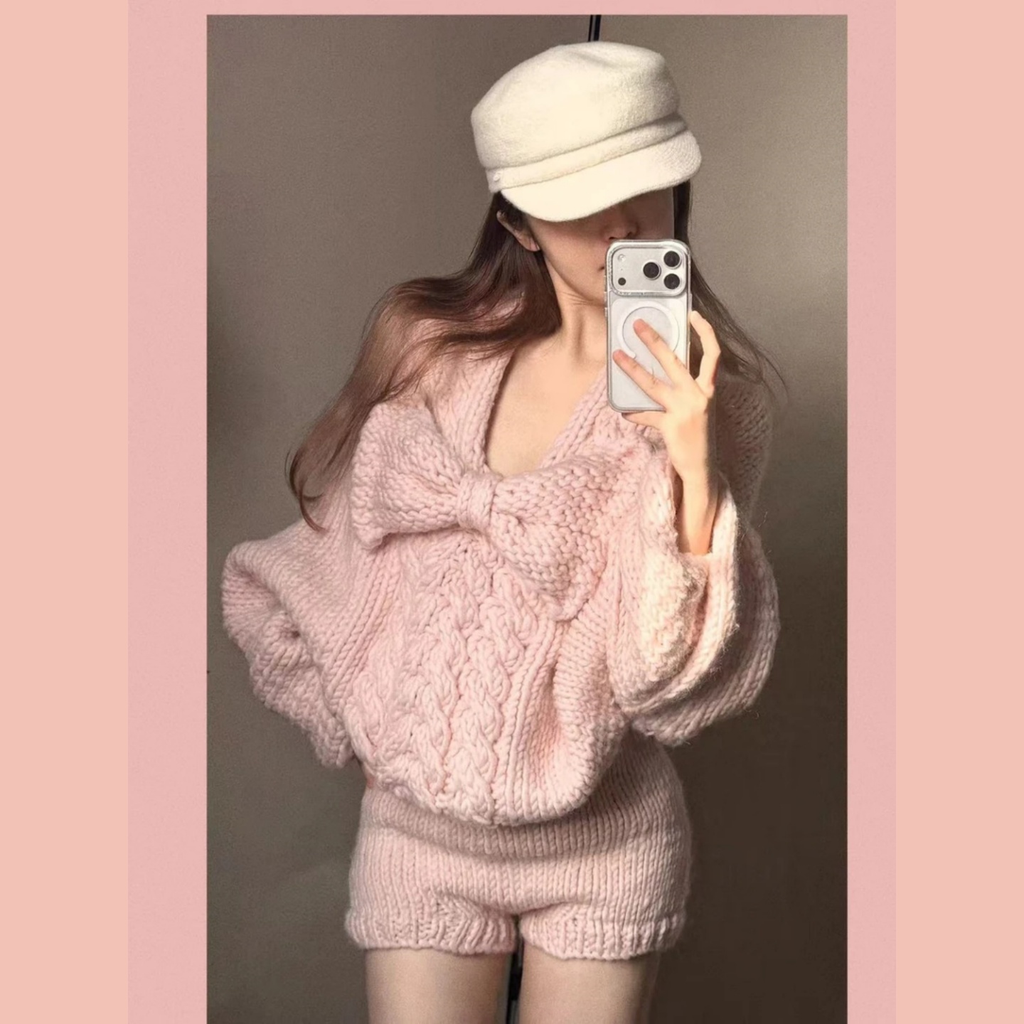 蝴蝶结长袖针织衫毛衣高腰短裤子