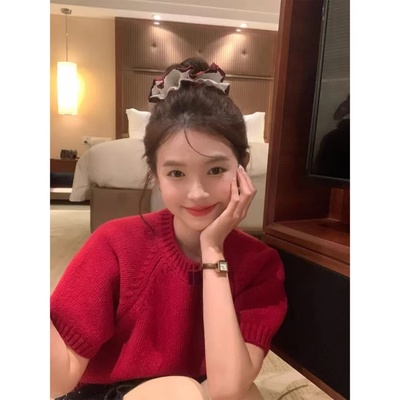 显白高级感红色圆领短袖针织衫女