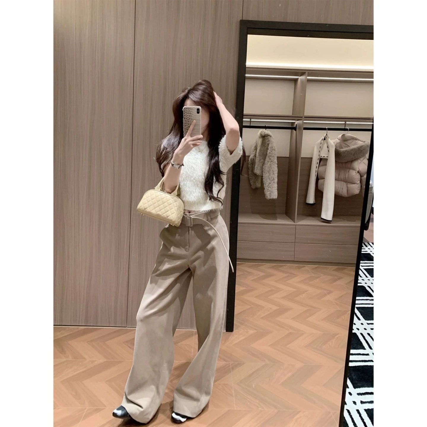 套装女2025新款韩系小个子短款毛毛针织衫毛衣高腰显瘦百搭阔腿裤