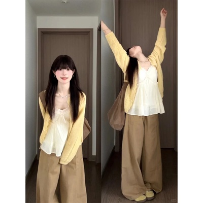 针织开衫内搭吊带背心显瘦阔腿裤