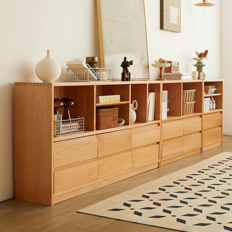盼居实木书柜矮柜组合榉木书柜客厅书柜电视柜一体收纳柜落地书架