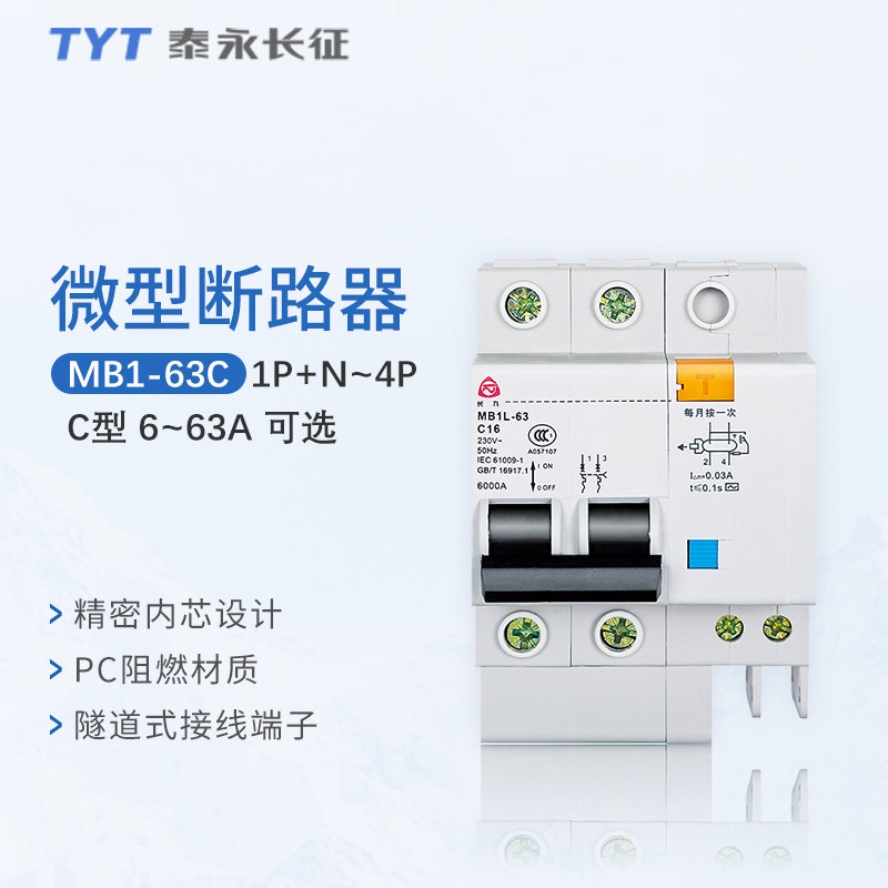 TYT泰永长征长九MB1L-63C型漏电保护器家用空气开关带漏电保护16A