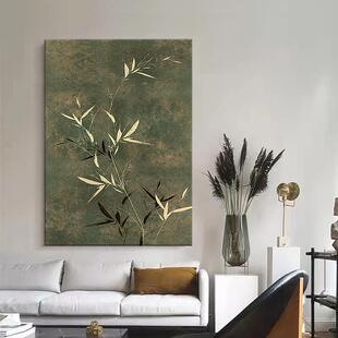 侘寂油中古风竹装子饰画客厅玄关竹报平08安绿色绘画手餐厅抽象挂