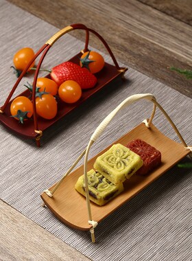 中式手工竹制手提茶点盘 两用点心托 竹制毛巾托收纳功夫茶具配件