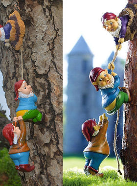 欧美小矮人室外花园庭院树脂爬绳摆件树装饰造景地精小人挂件工艺