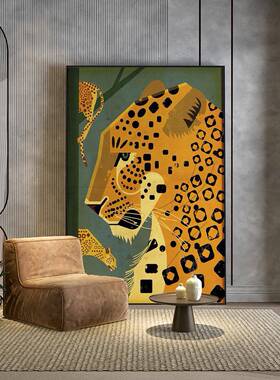 壁现代酒店客厅玄关装画艺术插画金钱豹高级感背S-1787景饰墙竖画