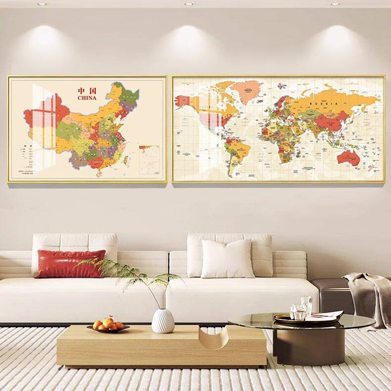 中英文中国世界地图挂画可磁吸标记客厅沙发背景装饰画办公室壁画