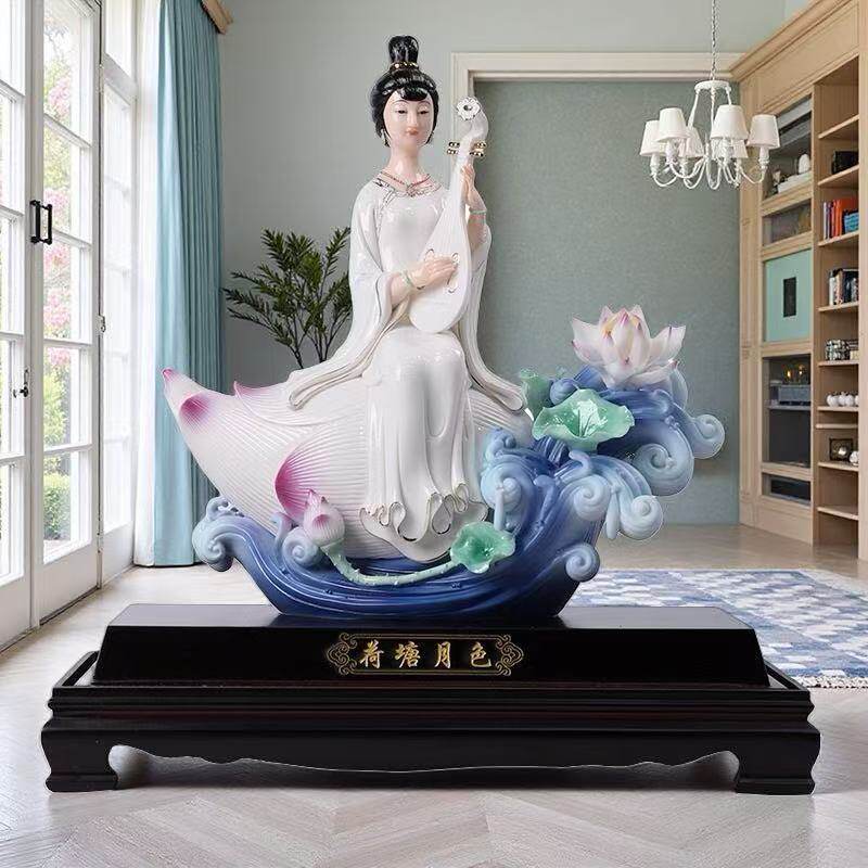 德化陶瓷美女人物高端雕塑艺术品《荷塘月色》客厅酒柜装饰品礼品