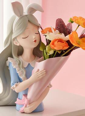 现代创意蝴蝶结女孩花瓶摆件轻奢风客厅角几边几玄关干花插花摆设