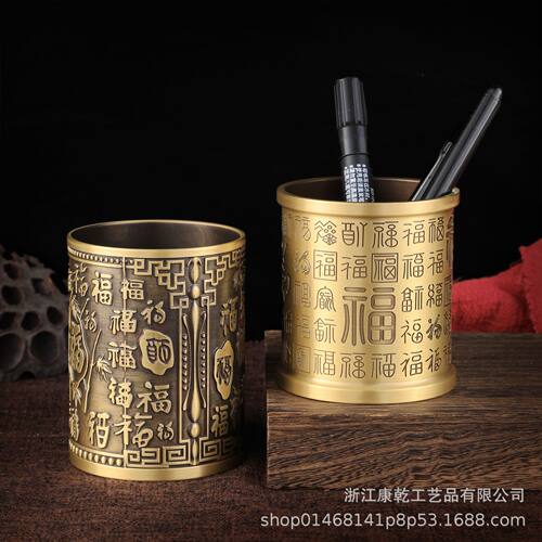 铜工艺品铜摆件精雕百福笔筒浮雕百福笔筒办公室摆件