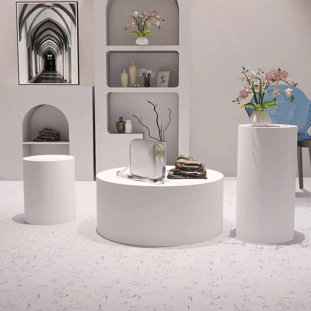 地台展示台橱窗木制烤漆模特白色底座商业陈列展柜展会展台圆形