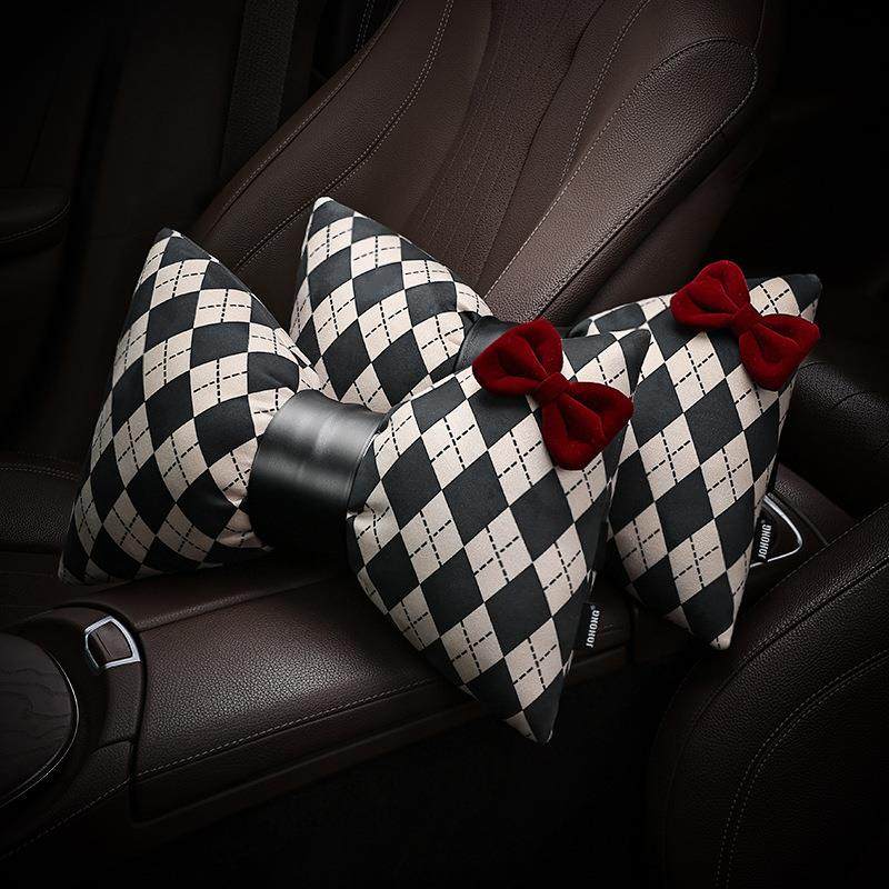 菱格蝴蝶结汽车头枕座椅车载护颈枕一对女生内饰可爱装饰用品大全