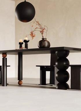 黑色现代小户型实木餐桌椅组合家用极简轻奢长方形简约古复古