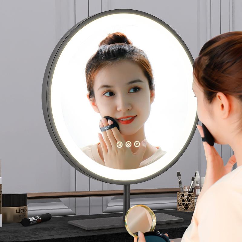 led化妆镜子带灯梳妆台智能家用充电触摸三色变光可旋转梳妆圆镜