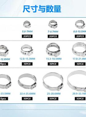 701pcs盒装不锈钢单合耳无极卡箍箍ZFD5.8-33.1mm组装配卡钳