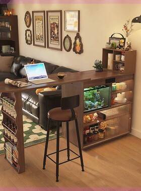 吧台BPB岛台桌子一体家用可伸缩客厅实木沙色小边柜桃胡储发物隔