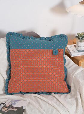 拼色格车纹兔耳荷叶放抱枕被心抱枕边午睡盖被载家用抱枕被现货销