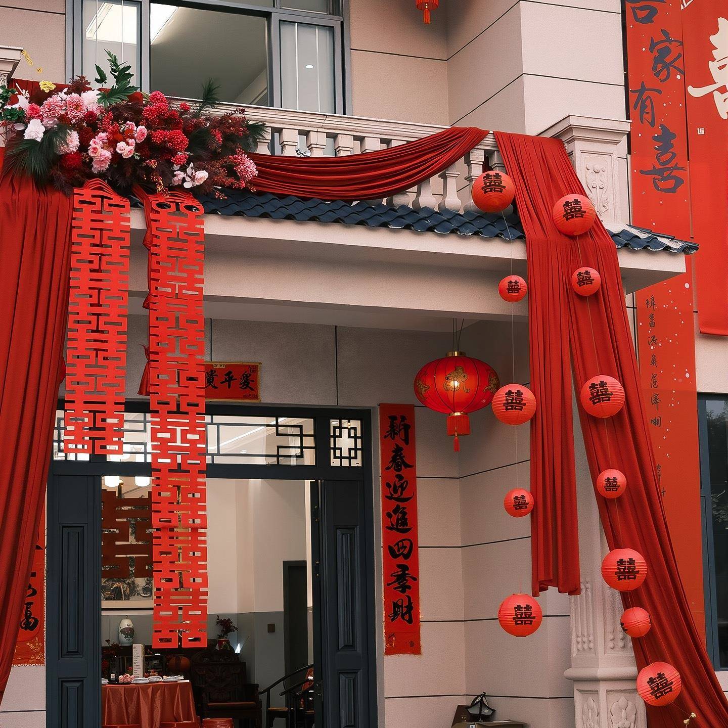 农村结婚院子婚礼装饰男女方自喜建房F9978675大口字布庭幔门婚房