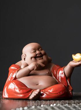 正品中式红色客大肚弥勒佛笑佛厅博架办公室面装饰品桌陶古瓷招财