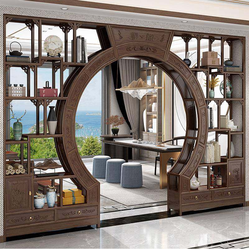 中式实木月洞门博古架多宝阁弧形圆门月亮门客厅隔断菠萝格木家具