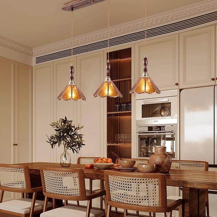 美式复古餐厅灯可移动轨道餐桌吊灯中古风胡桃木三头饭厅
