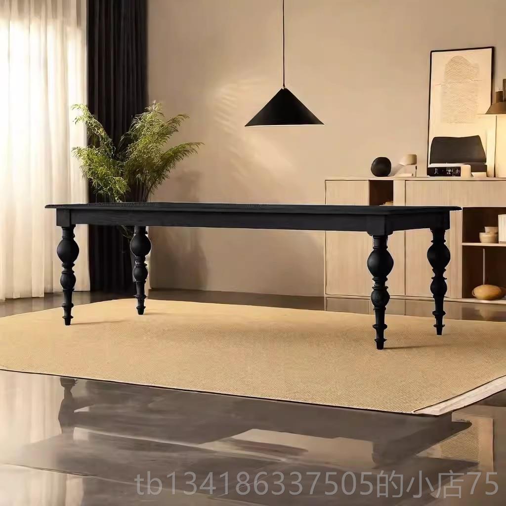 正品法式实木古小餐桌黑色板桌家用户型式美原木长桌轻奢中古饭复