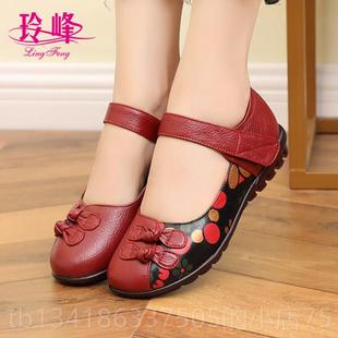 2025新民族风女格大码 中底老年真皮平底妈妈鞋 鞋 443春季 正品