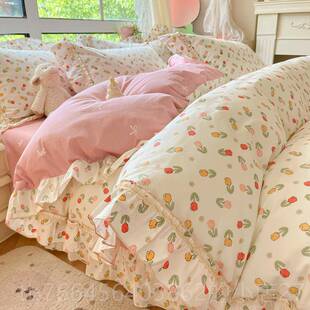 新款版全棉韩小碎花四件套纯清棉新田园公风主荷叶边床单被套床上