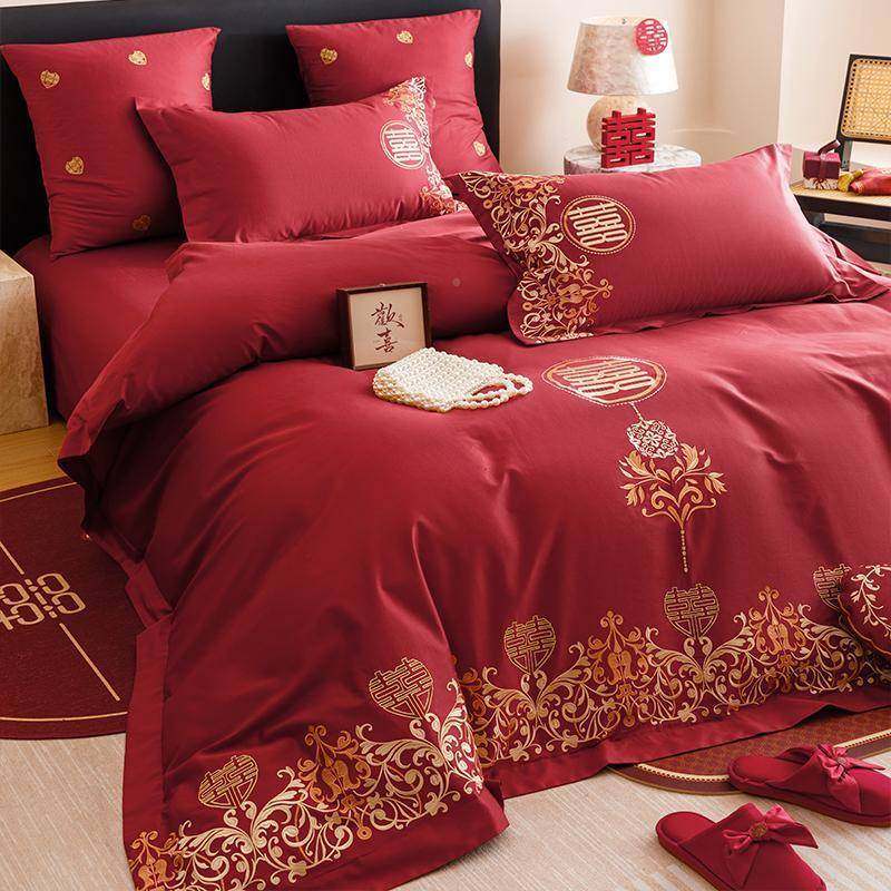 中喜式字婚S嫁长棉绒棉四件套全100纯棉结婚被套婚庆新房陪嫁i0床