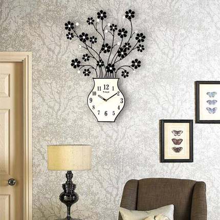 现代中式文约艺瓶复古花挂钟装室饰艺术时M1355钟静音简客厅卧钟