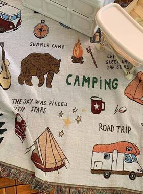 式露营装饰美复波西米亚沙古发毯线毯挂毯FDE露营美学闲插画休毯
