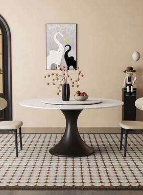 式中法古风岩板餐桌椅组合代简约轻小奢NWV家现用户型圆形圆桌带